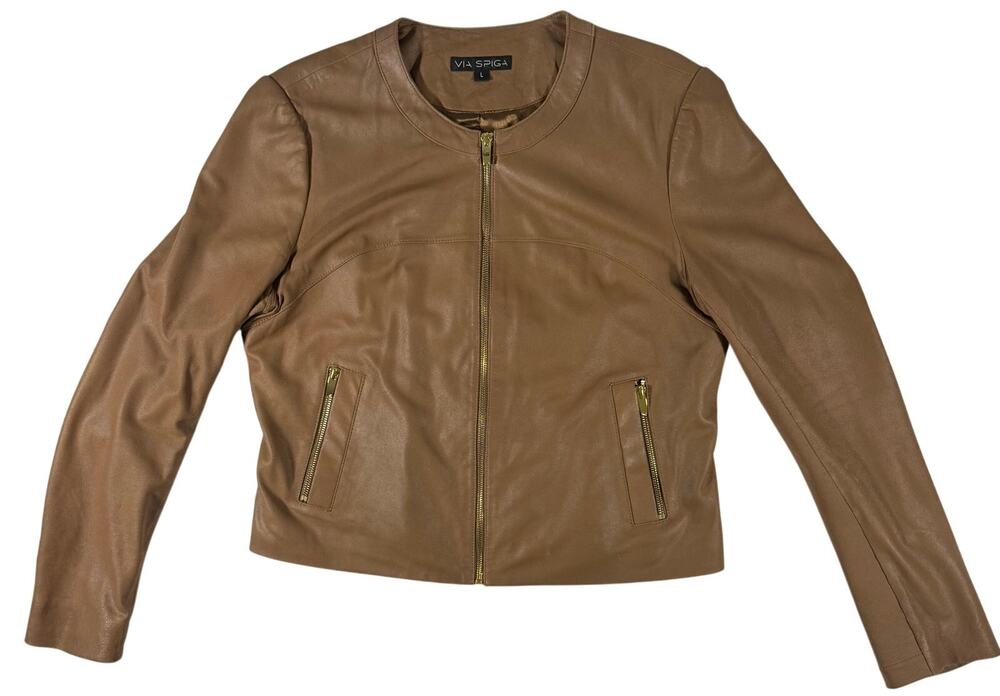 Women's Large Dark Camel Brown Moto Leather Jacket Via Spiga Gold Zip